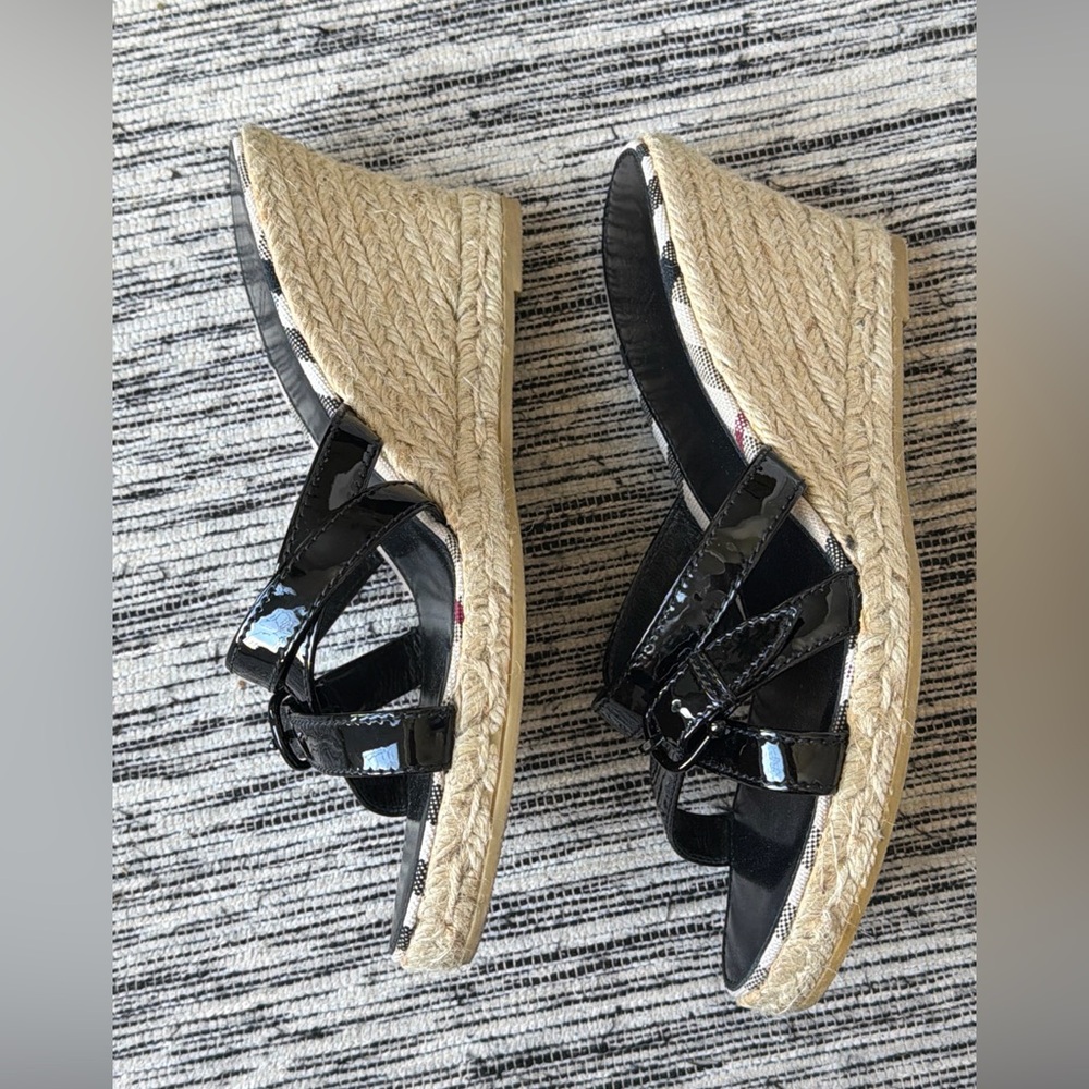 Burberry Nova Check Plaid Espadrille Wedge Sandal Shoes Patent Leather 39 8.5 9 - Picture 4 of 9